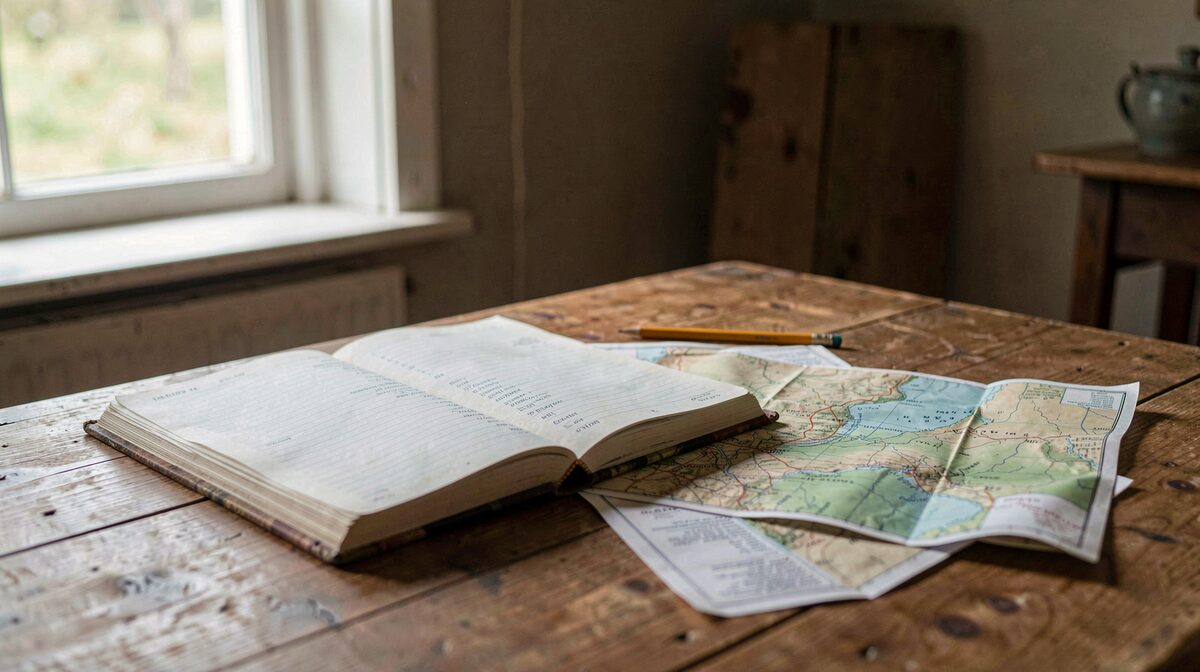 Un registre ouvert sur une table en bois, à côté d'une carte topographique pliée et d'un crayon, dans la lumière d'une fenêtre de ferme.