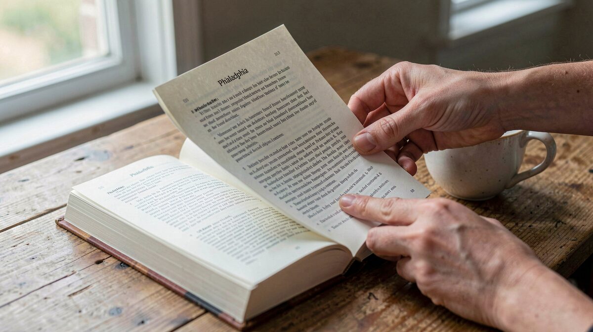 Une main feuillète un guide papier de Philadelphie posé sur une table en bois, lumière naturelle du matin venant d'une fenêtre, cadrage serré sur la page et la tasse à côté.
