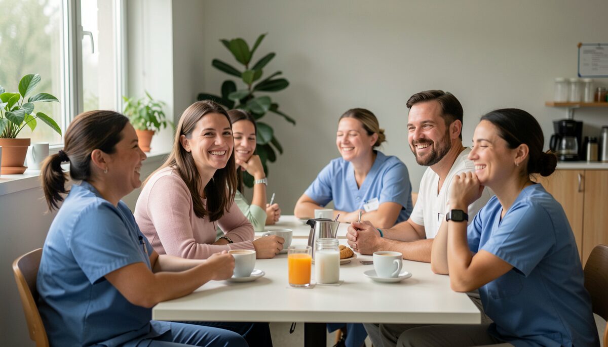 Une équipe soignante prenant une pause café dans une salle de repos, certaines personnes souriant, d'autres fermant les yeux pour se détendre.